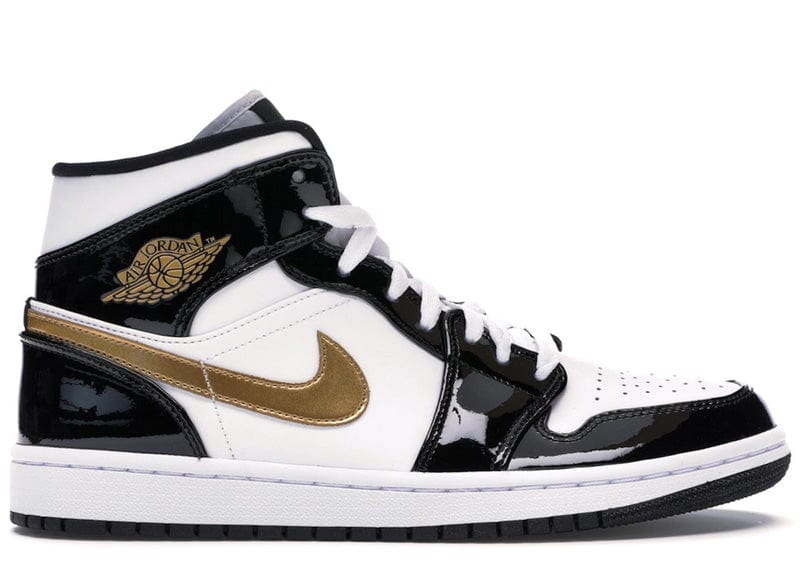 Jordan 1 Mid Patent Black White Gold