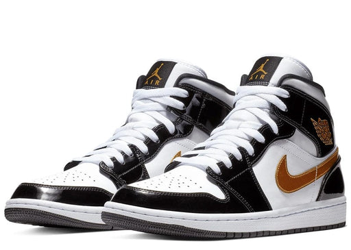 Jordan 1 Mid Patent Black White Gold