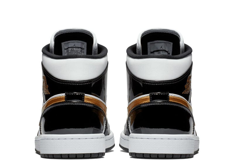 Jordan 1 Mid Patent Black White Gold