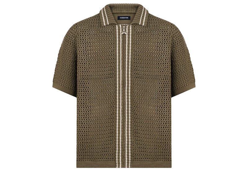 Manière De Voir Crochet Knit Stripe Zip Shirt 'Khaki'