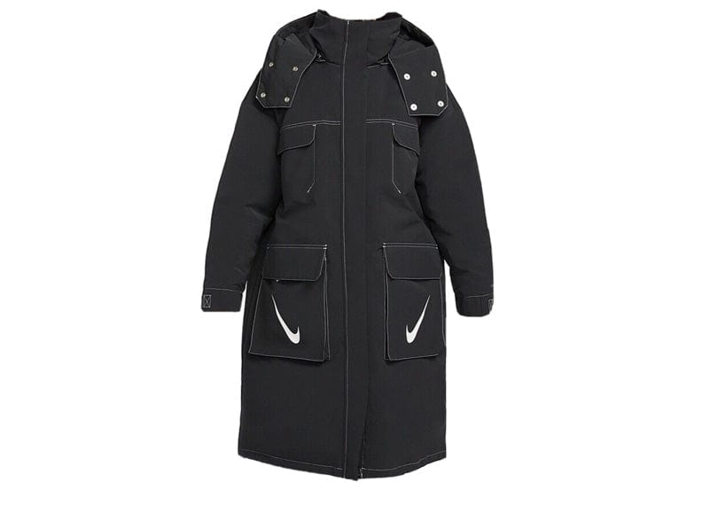 Nike Swoosh Logo Hooded Long Parka Down Fill Insulated Black Jacket Women Size