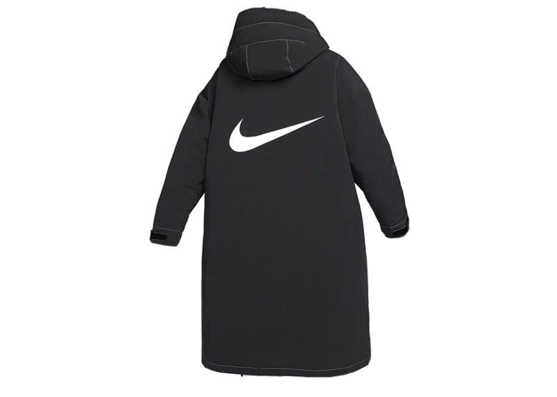 Nike Swoosh Logo Hooded Long Parka Down Fill Insulated Black Jacket Women Size