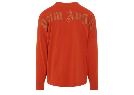 Palm Angels Long Sleeve Glitter Mock Neck Logo Oversized Tee Brick & Red