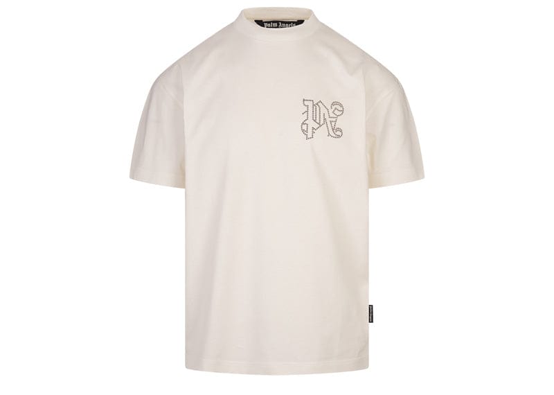 Palm Angels Studded Monogram Cotton Crewneck T-Shirt Off White