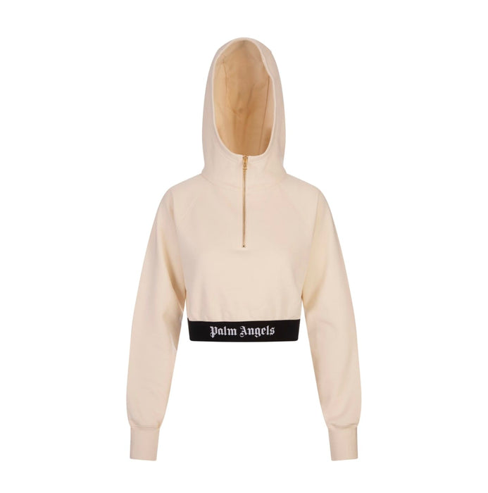 Palm Angels White Crop Hoodie With Logo Band